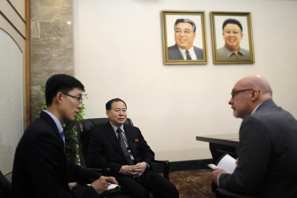 Han Song Ryol, center, North Korea's vice minister of foreign affairs speaks during an interview with The Associated Press on Friday, April 14, 2017, in Pyongyang, North Korea. (AP Photo/Wong Maye-E)