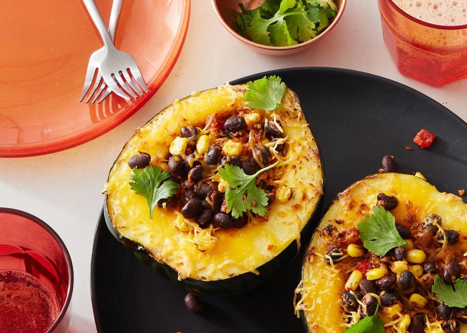 Air Fryer Acorn Squash with Black Beans, Corn, and Cheese