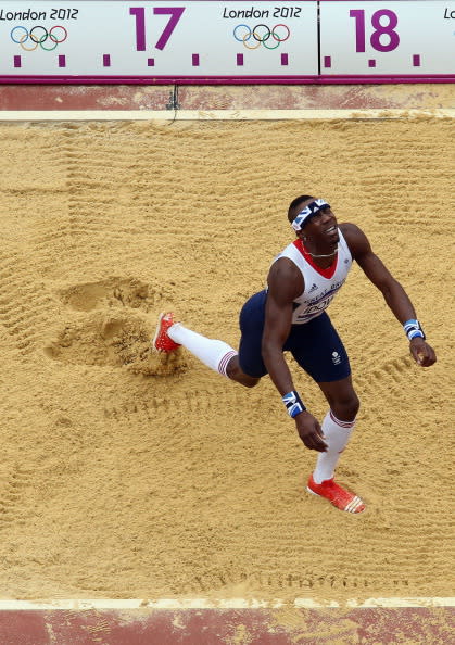 LONDON, ENGLAND - AUGUST 07: Phillips Idowu of Great Britain celebrates after a jump in the Men's Triple Jump Qualification on Day 11 of the London 2012 Olympic Games at Olympic Stadium on August 7, 2012 in London, England. (Photo by Ian Walton/Getty Images)