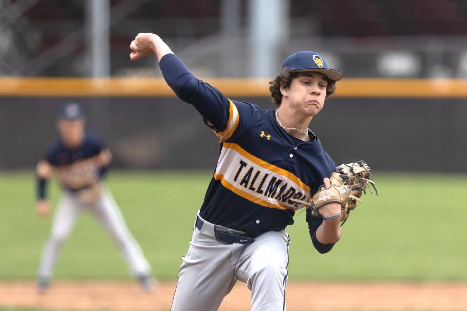 Tallmadge's Keagan Gilbride throws a pitch against Revere on April 25, 2023.