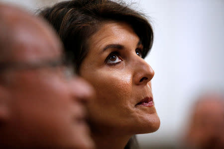 U.S. Ambassador to the United Nations Nikki Haley looks up during a visit to the Metropolitan Cathedral in Guatemala City, Guatemala, February 28, 2018. REUTERS/Luis Echeverria