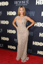<p> For the premiere of her 2013 HBO documentary, Queen Bey broke out a favorite label in this Elie Saab spring 2012 couture gown. It's a fun, jewel-encrusted pick, and very on-brand for the singer and actor. It's somewhat of a muted color, but the fun is in the details: The dress has several layered sheer panels, which means that you have to look hard to see the semi-obscured jewels underneath the fabric. We love the multi-layered gown for the multi-layered star. </p>