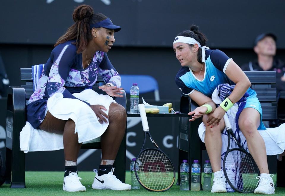 Serena Williams (left) and Ons Jabeur made it two wins from two for “Onserena” at the Rothesay International Eastbourne on Wednesday (Gareth Fuller/PA) (PA Wire)