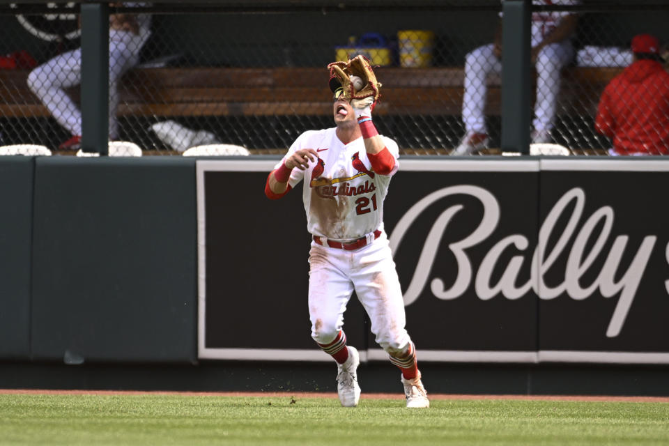 St. Louis Cardinals right fielder Lars Nootbaar (21) catches a fly ball by Los Angeles Angels' Taylor Ward in the third inning of a baseball game on Thursday May 4, 2023, in St. Louis. (AP Photo/Joe Puetz)