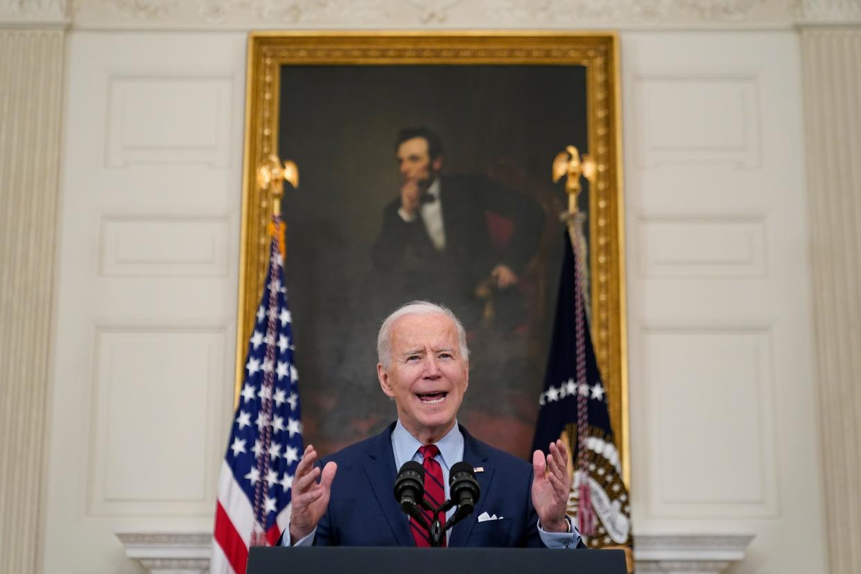 President Joe Biden speaks about the shooting in Boulder, Colo., Tuesday, March 23, 2021, in the State Dining Room of the White House in Washington.
