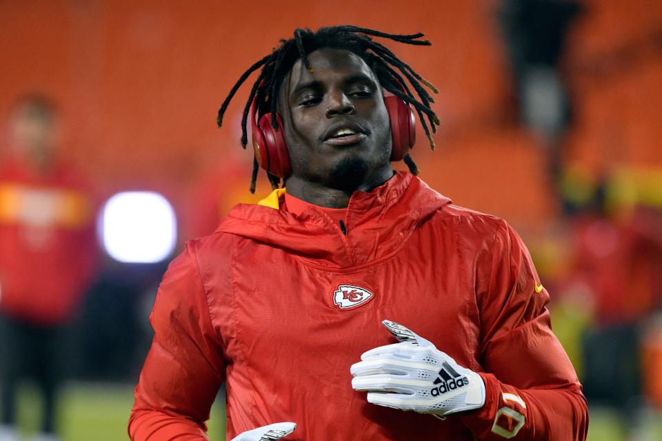 Kansas City Chiefs wide receiver Tyreek Hill warms up before a game against the Los Angeles Chargers in Kansas City on Dec. 13, 2018.