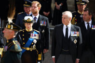 <p>Britain's Anne, Princess Royal, Prince Andrew, Prince Harry, Duke of Sussex, Peter Phillips and Timothy Laurence walk after a service at Westminster Abbey on the day of the state funeral and burial of Britain's Queen Elizabeth, in London, Britain, September 19, 2022. REUTERS/Hannah McKay/Pool</p> 