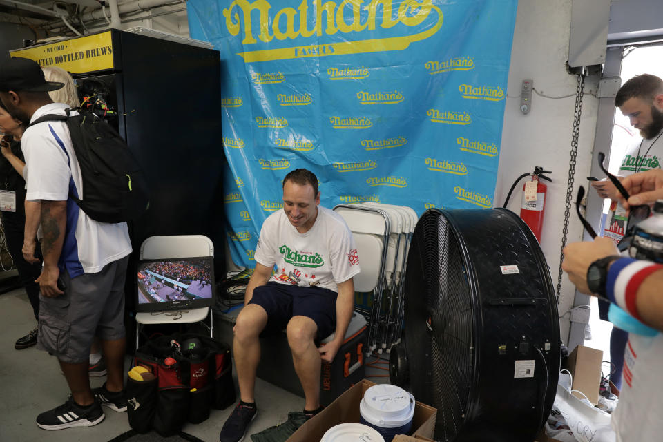 Joey Chestnut rests before the contest.