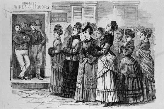 Ladies singing hymns in front of barrooms in aid of the temperance movement. Sketch by S.B. Morton, 1874.<span class="copyright">Bettmann Archive/Getty Images</span>