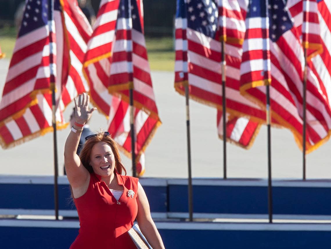 District 1 U.S. Rep. Sandy Smith greets the crowd prior to speaking at a rally featuring former president Donald Trump at Wilmington International Airport on Friday, Sept. 23, 2022.