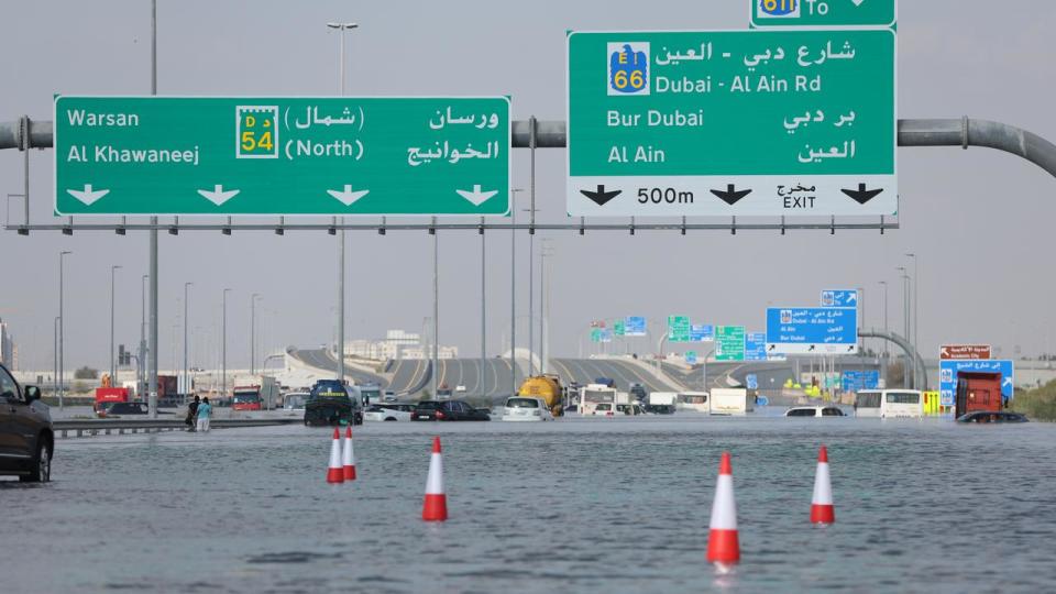 Flooded road after heavy rainfall in Dubai