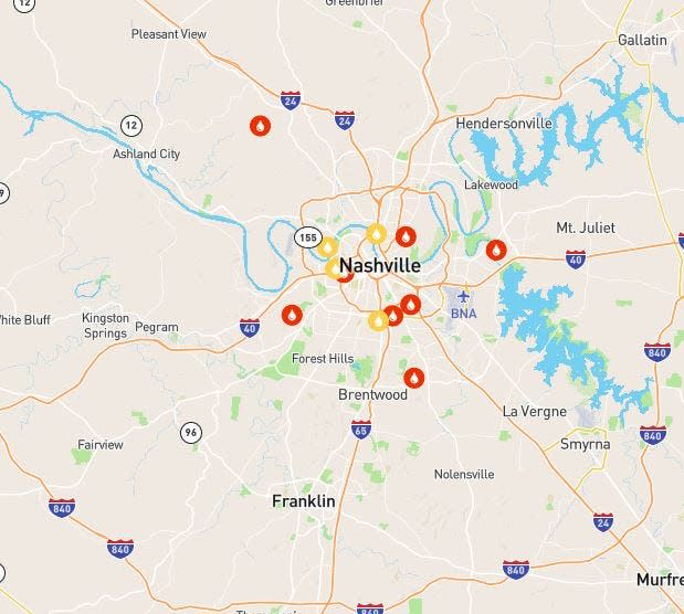 A Metro Water Services showed several water main breaks, denoted by red icons, on its outage map on Wednesday morning. Several potential breaks were also denoted with yellow icons. Crews are working alongside emergency contractors to repair breaks in the wake of a winter storm, MWS said.