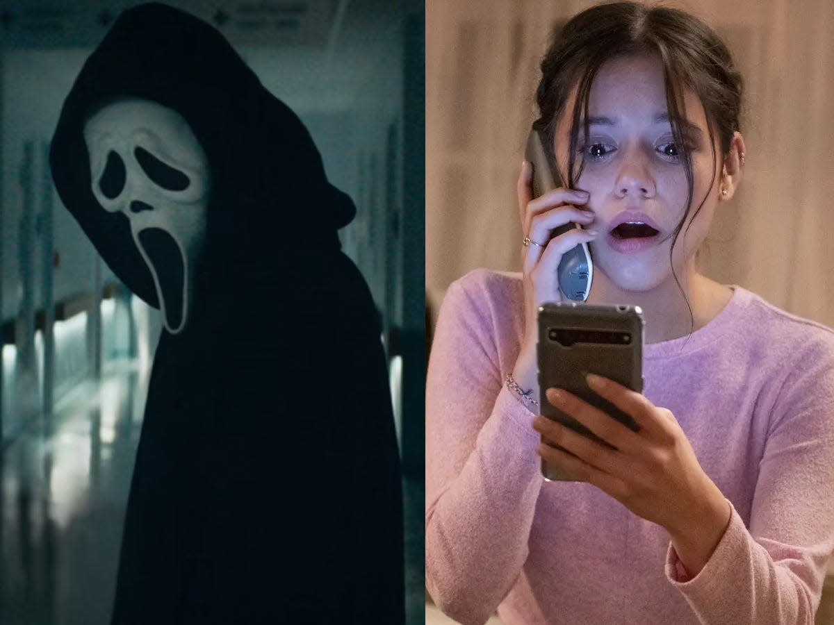 Ghostface and Jenna Ortega as Tara Carpenter in "Scream 5."