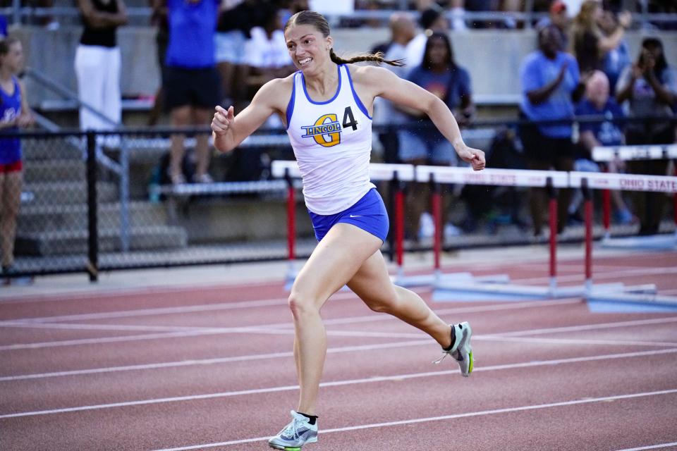 Gahanna Lincoln’s Camden Bentley defended her state titles in the 100 hurdles and 300 hurdles, leading the Lions to their second consecutive team championship.