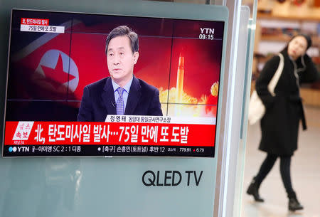 A television broadcast of a news report on North Korea firing what appeared to be an intercontinental ballistic missile (ICBM) that landed close to Japan, is seen in Seoul, South Korea, November 29, 2017. REUTERS/Kim Hong-Ji
