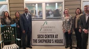 L to R: Julie Edwards-SECU VP, Dobson; Karen Hall-SECU VP, Pilot Mountain; Damian Carter-SECU Regional SVP; Jana Elliott-Executive Director, The Shepherd’s House; Brea Hull-SECU SVP, Mount Airy; and Chris King-SECU VP, King.