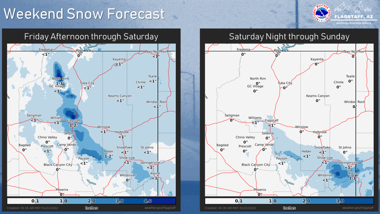 The expected movement of a storm forming in northern Arizona Jan. 21-23, 2022.