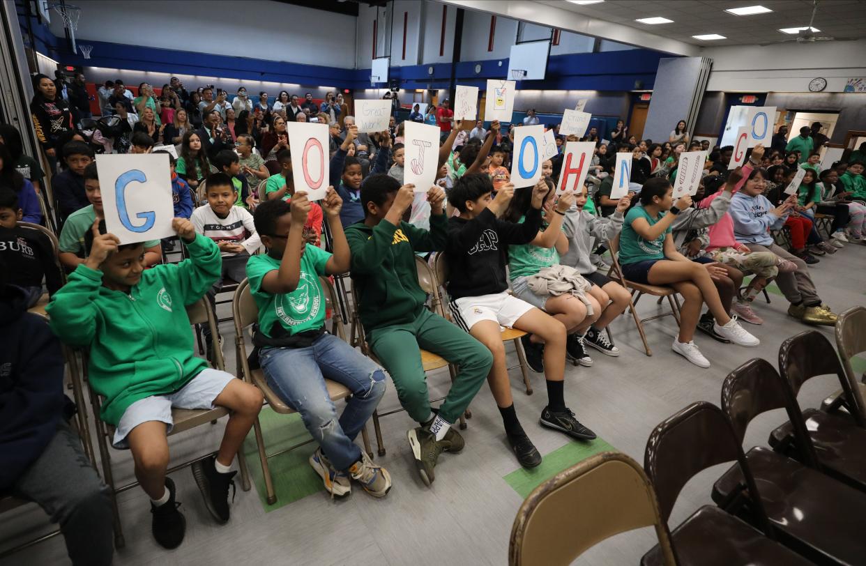 Students cheer on their fellow classmates during an assembly held at Lime Kiln Elementary School in Wesley Hills May 3, 2024. They celebrated their accomplishment as tops in the nation for an online educational math game called First In Math. The games build confidence in math.