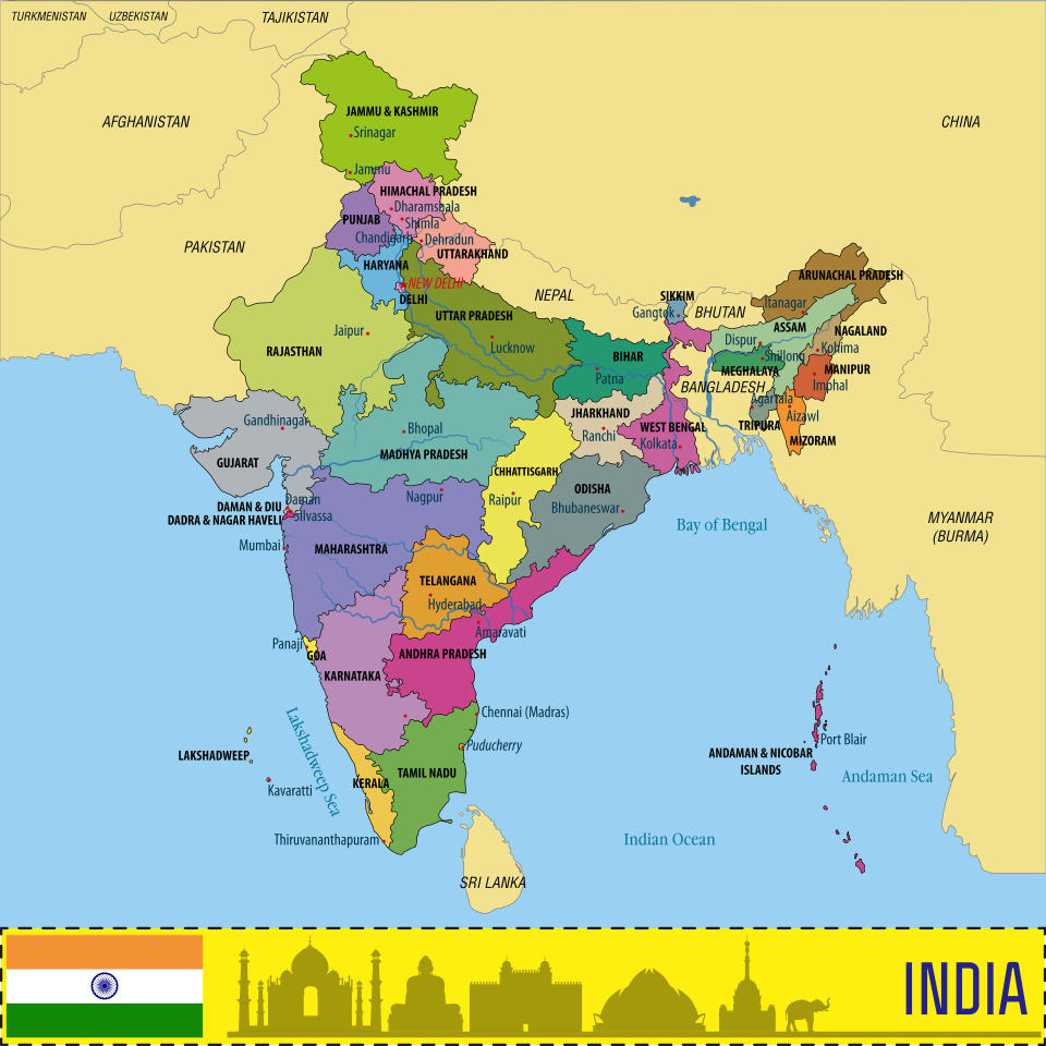 Political detailed map of India with all states and country boundary