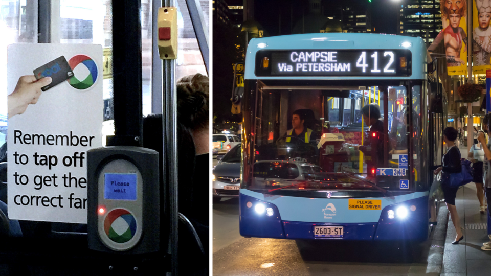 Pictured: Sign reminding Sydney commuters to tap off using Opal Card and Sydney bus. Images: Getty