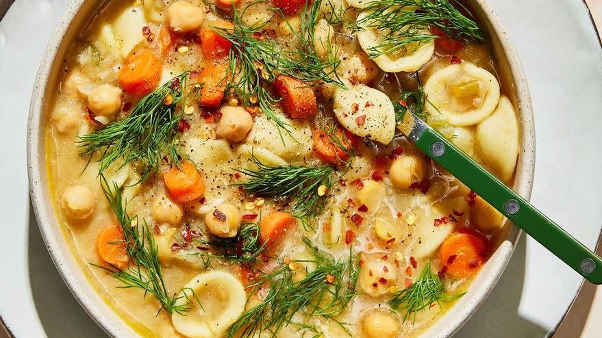 closeup of chickpea noodle soup