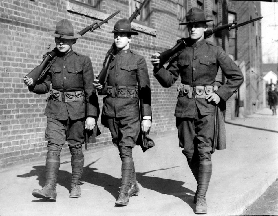 Militiamen patrol during a 1922 strike at textile mills in Pawtucket.