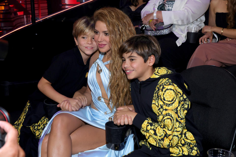 NEWARK, NEW JERSEY - SEPTEMBER 12: (L-R) Sasha Piqué, Shakira, and Milan Piqué attend the 2023 MTV Video Music Awards at Prudential Center on September 12, 2023 in Newark, New Jersey. (Photo by Kevin Mazur/Getty Images for MTV)