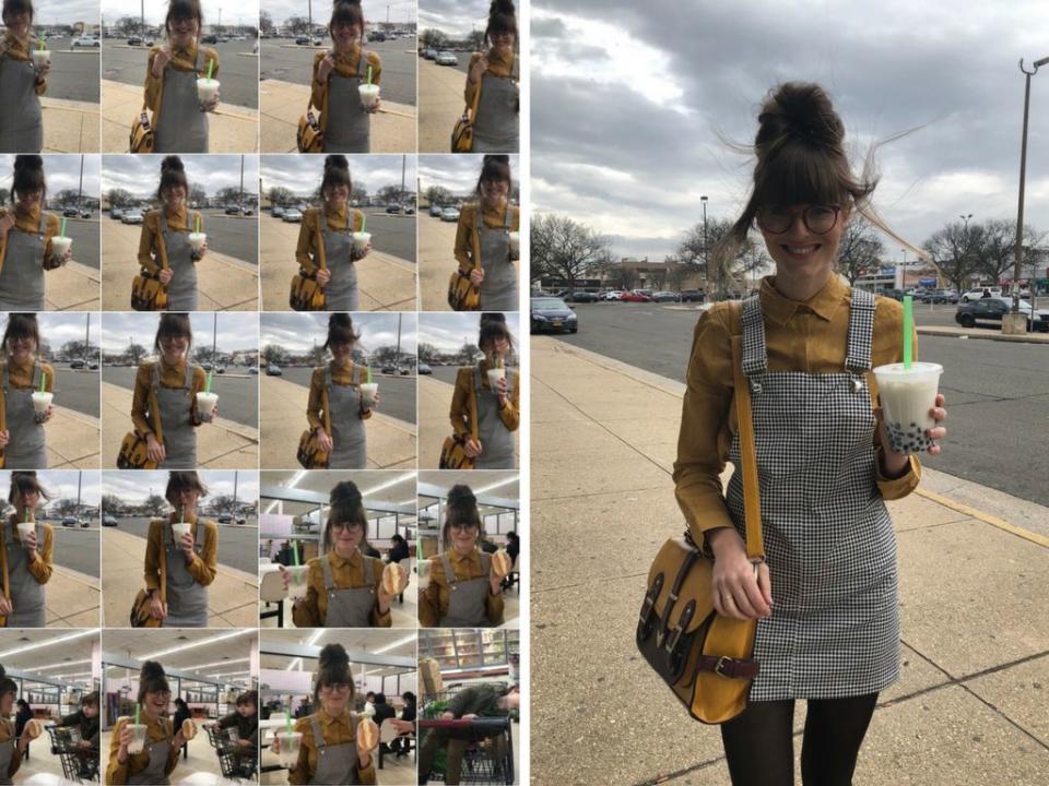 Left: Steffy&nbsp;Degreff's phone camera roll. Right: One of her outtakes, in which the wind had some fun with her hair.