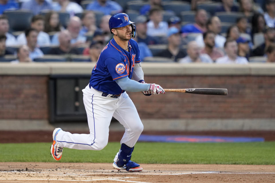 New York Mets' Pete Alonso hits a two-run home run off Chicago Cubs starting pitcher Jameson Taillon (50) in the first inning of a baseball game, Tuesday, Aug. 8, 2023, in New York. (AP Photo/John Minchillo)