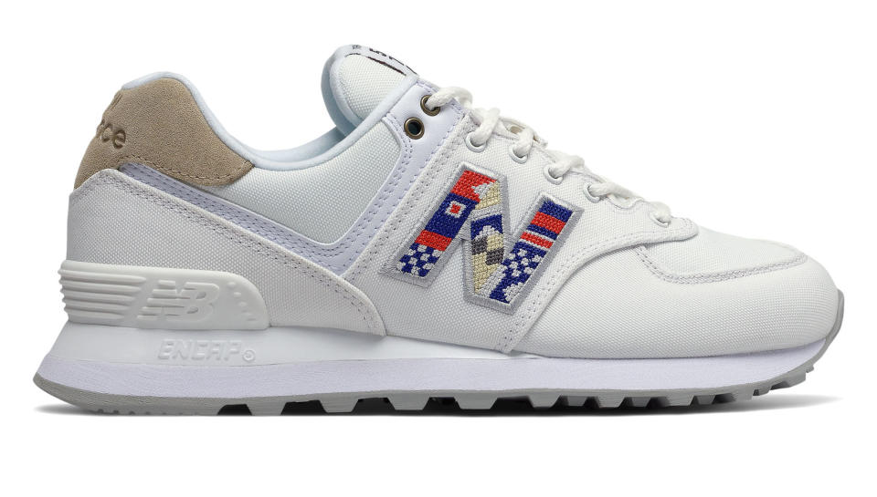 New Balance 574 in white with incense