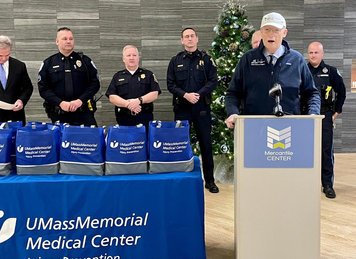 Michael P. Hirsh and Central Massachusetts police chiefs at Worcester's Mercantile Center Lobby for the Guns to Gardens buyback press conference.