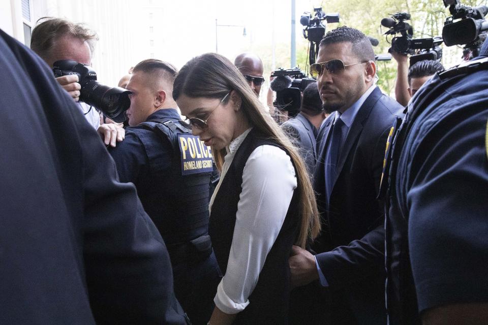 Emma Coronel Aispuro, wife of Mexican drug lord Joaquin "El Chapo" Guzman, arrives for his sentencing at Brooklyn federal court, Wednesday, July 17, 2019 in New York. The 62-year-old Guzman was convicted in February on multiple conspiracy counts in an epic drug-trafficking case. (AP Photo/Mark Lennihan)