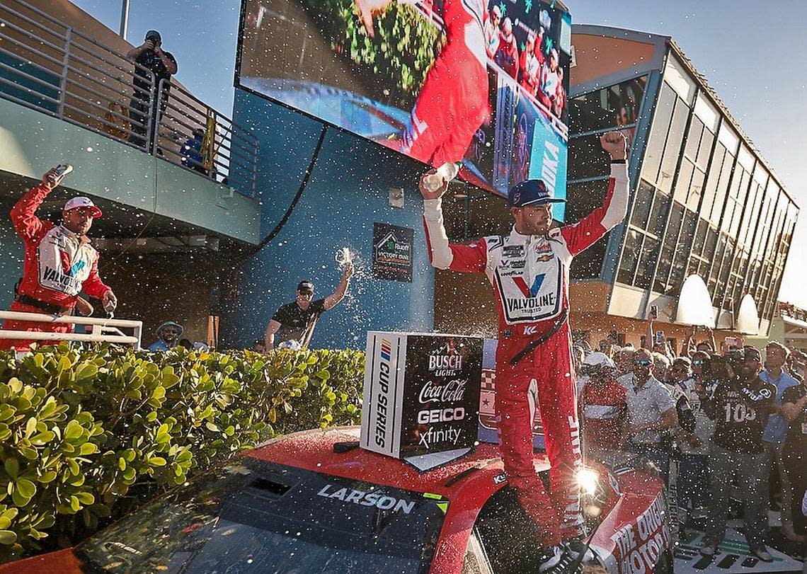 Kyle Larson stands atop of the driver’s door in celebration in winning Dixie Vodka 400. On Sunday, October 23, 2022 the NASCAR Cup Series Round of 8 continued with the Dixie Vodka 400, a NASCAR Cup Series race at Homestead–Miami Speedway in Homestead, Florida.