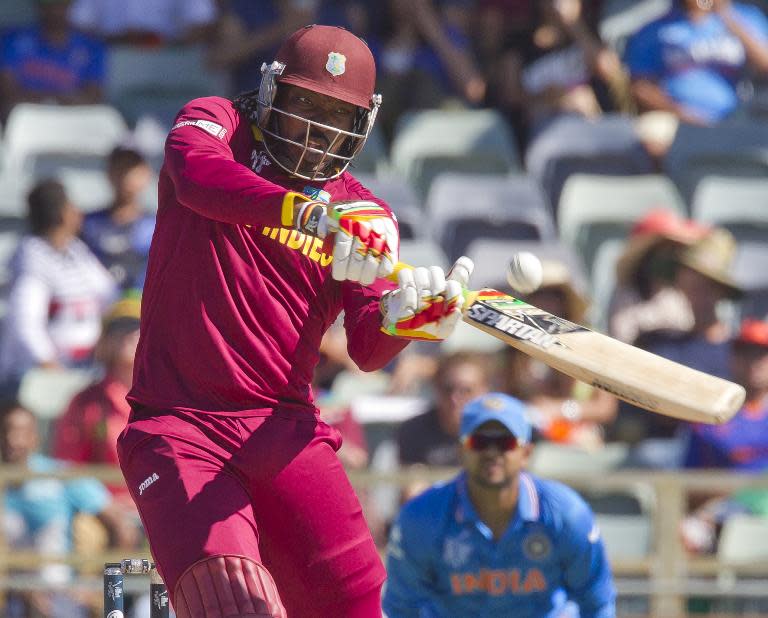 West Indies batsman Chris Gayle plays a shot during their 2015 Cricket World Cup Pool B match against India in Perth, Australia, March 6, 2015