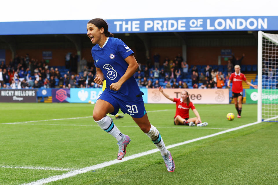 Soccer Football - Women's Super League - Chelsea v Manchester United - Kingsmeadow, London, Britain - March 12, 2023 Chelsea's Sam Kerr celebrates scoring their first goal Action Images via Reuters/Paul Childs