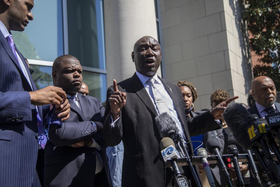 FILE - Attorney Ben Crump speaks outside the Pasquotank County Public Safety building in Elizabeth City, N.C. in this April 26, 2021 file photo. The Benjamin L. Crump Center for Social Justice, housed at the St. Thomas University College of Law in Miami Gardens, Fla., will announce on Thursday, Dec. 2, the creation of a social justice center named after Ben Crump, the Black civil rights attorney who has gained national notoriety representing victims of police brutality and vigilante violence. (Travis Long/The News & Observer via AP, File)