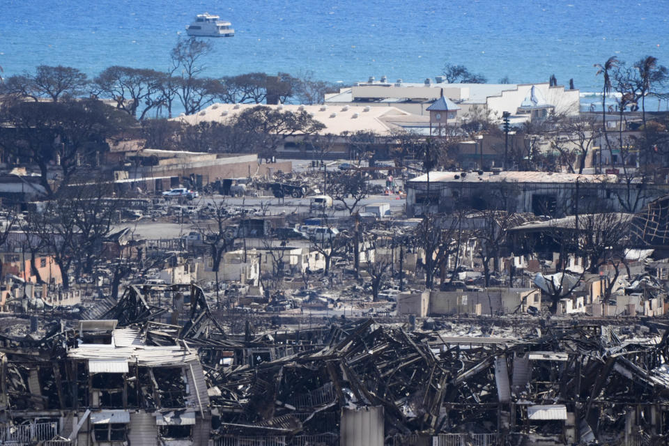 Burned houses and buildings are seen in Lahaina. Thousands were displaced after a wildfire fueled by winds from Hurricane Dora and dry vegetation destroyed much of the town. The death toll from the fire makes it the deadliest wildfire of the past U.S.
