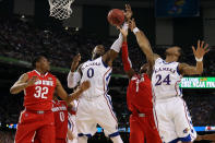 NEW ORLEANS, LA - MARCH 31: Thomas Robinson #0 and Travis Releford #24 of the Kansas Jayhawks go up for the rebound against Deshaun Thomas #1 in the first half during the National Semifinal game of the 2012 NCAA Division I Men's Basketball Championship at the Mercedes-Benz Superdome on March 31, 2012 in New Orleans, Louisiana. (Photo by Chris Graythen/Getty Images)