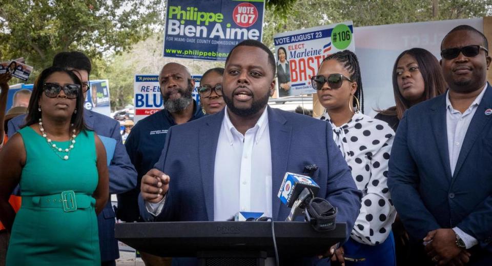 North Miami Beach Vice Mayor McKenzie Fleurimond speaks during a press conference in front of the North Miami Library in North Miami on Tuesday, Aug. 9, 2022. Haitian-American officials in Miami-Dade County held a press conference to denounce the attacks on Haitian-American judges in the 2022 elections.