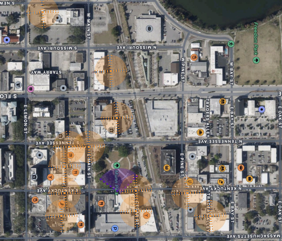 This map of Downtown Lakeland shows the location of the 14 security cameras being purchased by the LDDA with areas that will be under video surveillance shaded in orange and purple.
