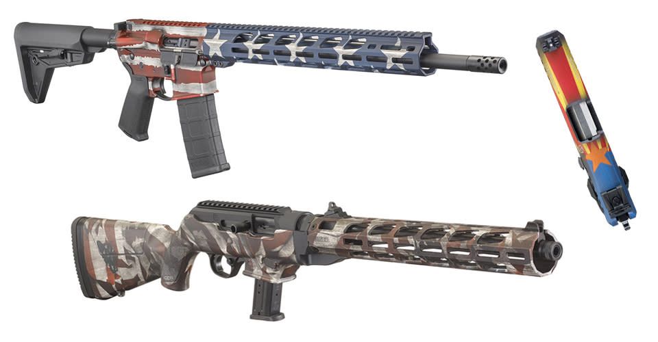 Various guns painted with an American flag finish