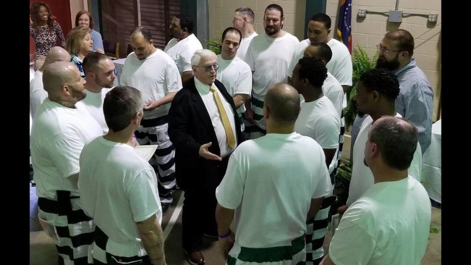 Mississippi Corrections Commissioner Burl Cain talks to inmates following the first graduation on April 1, 2022, of the new comprehensive Betty Ford-type alcohol and drug treatment program at the Walnut Grove Correctional Facility in Leake County. (Photo courtesy of MDOC.)