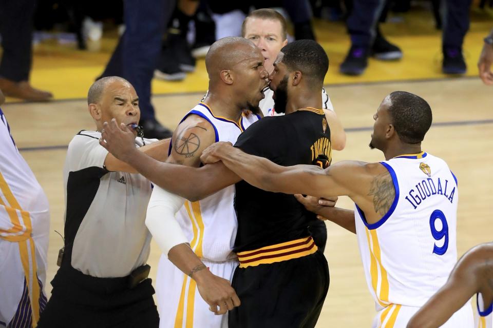 <p>David West #3 of the Golden State Warriors and Tristan Thompson #13 of the Cleveland Cavaliers get into an altercation after a play in Game 5 of the 2017 NBA Finals at ORACLE Arena on June 12, 2017 in Oakland, California. </p>