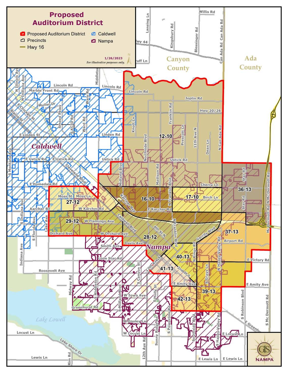 The bolded line outlines the proposed Nampa Auditorium District. Any hotel within the district would change an extra 5% tax on each room that would go towards the repairs and updates to the city’s two auditoriums: Nampa Civic Center and the Ford Idaho Center.