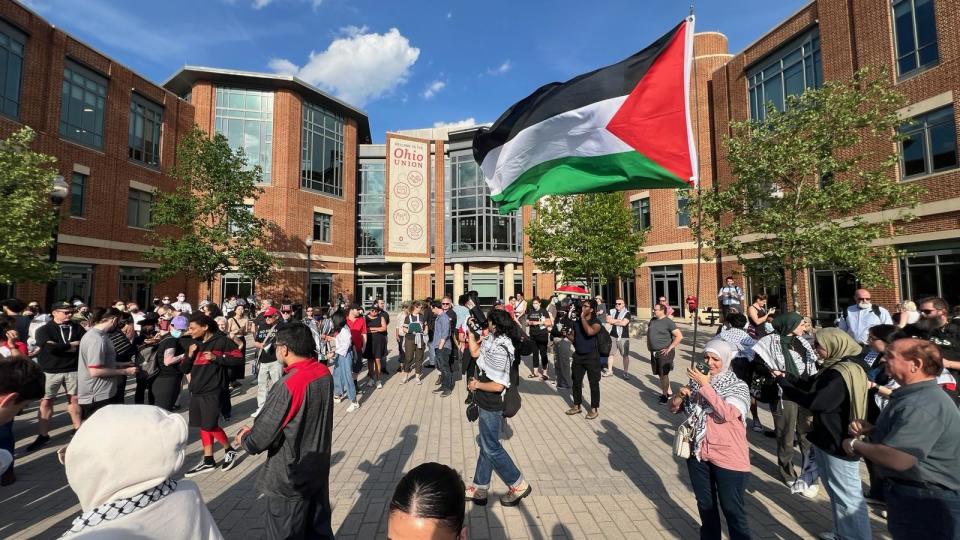 Demonstrators gather at Ohio State University Wednesday evening to protest the Israel-Hamas war in Gaza.