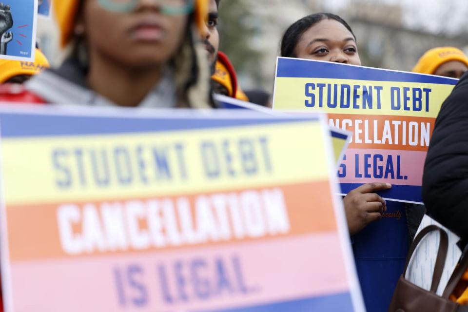 Student loan borrowers and advocates gather for the People’s Rally To Cancel Student Debt During The Supreme Court Hearings On Student Debt Relief on February 28, 2023 in Washington, DC. (Photo by Jemal Countess/Getty Images for People’s Rally to Cancel Student Debt )