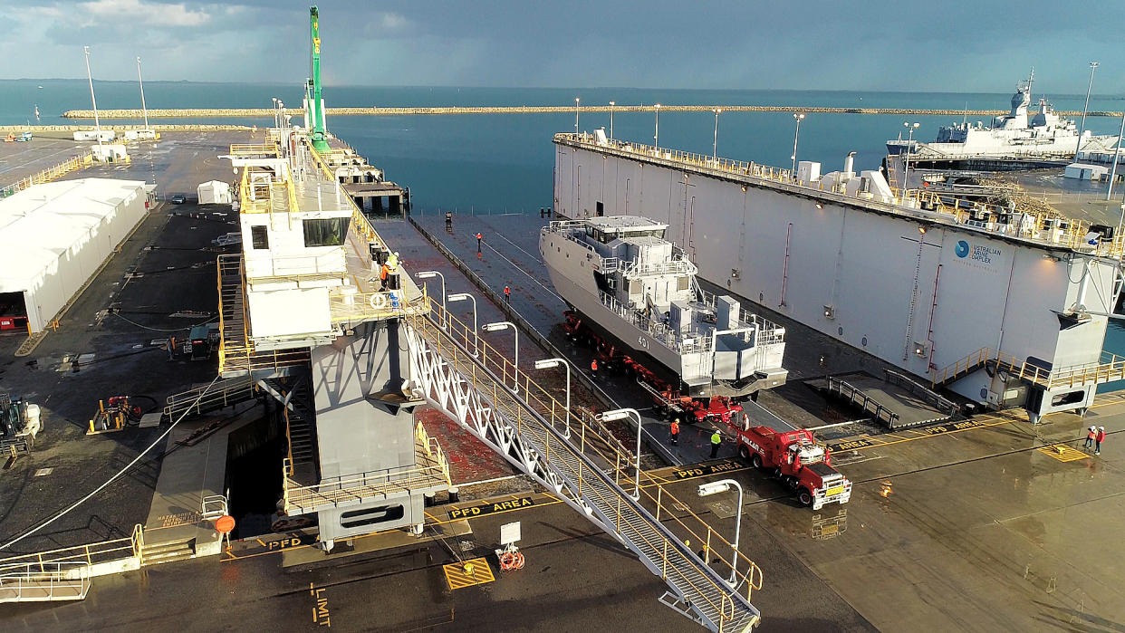 Launch of the first of Austal's 21 new Guardian Class, Pacific Patrol Boats at Austal's Pacific Patrol Boat shipyard facility in Western Australia.  (AAP Image/Austal)