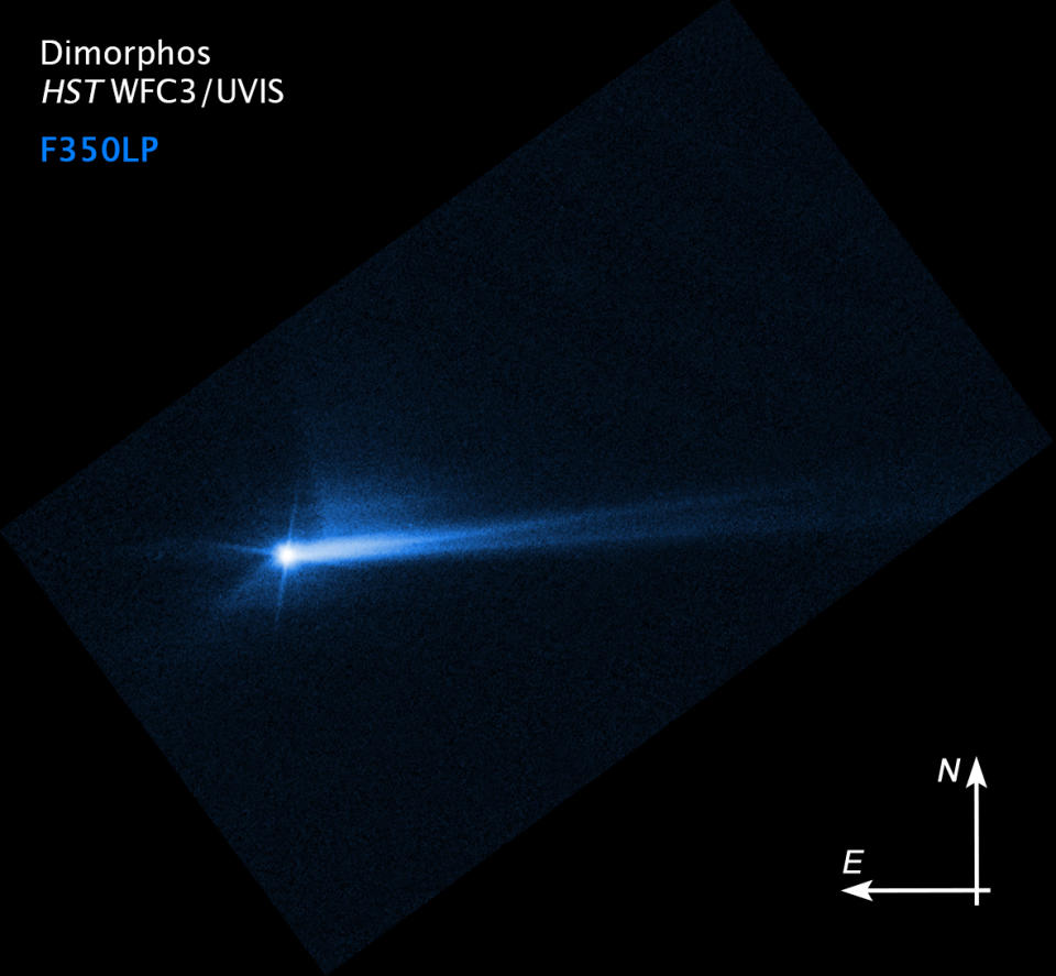 This imagery from NASA’s Hubble Space Telescope from Oct. 8, 2022, shows the debris blasted from the surface of Dimorphos 285 hours after the asteroid was intentionally impacted by NASA’s DART spacecraft on Sept. 26. (NASA  /ESA / STScI / Hubble)