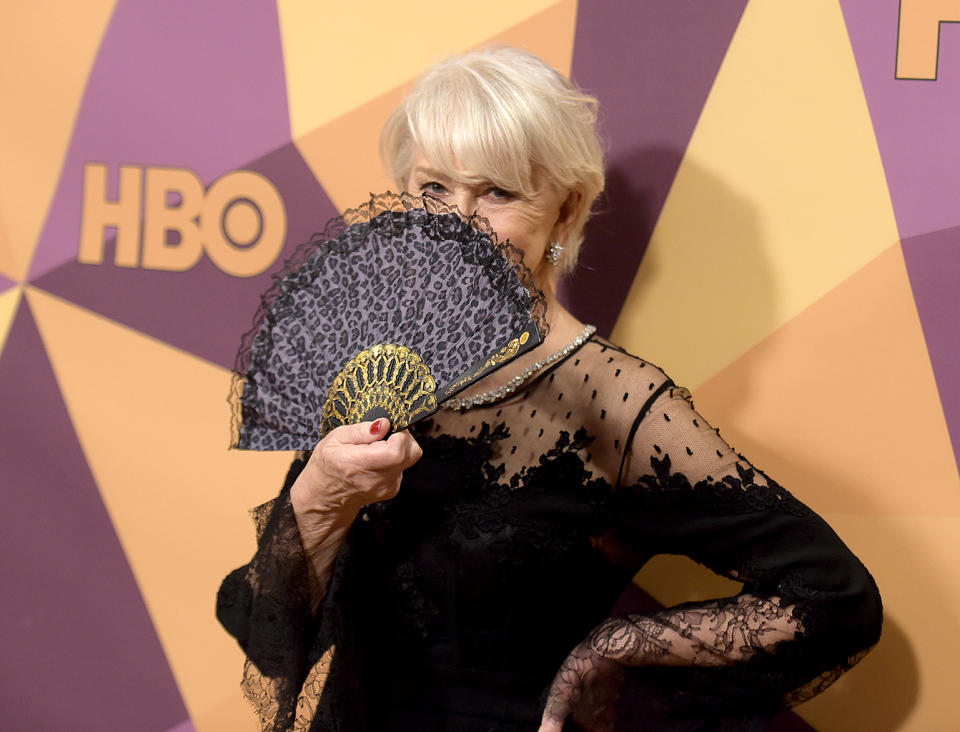 <p>Helen Mirren arrives at the HBO Golden Globes after-party. (Photo: Richard Shotwell/Invision/AP) </p>