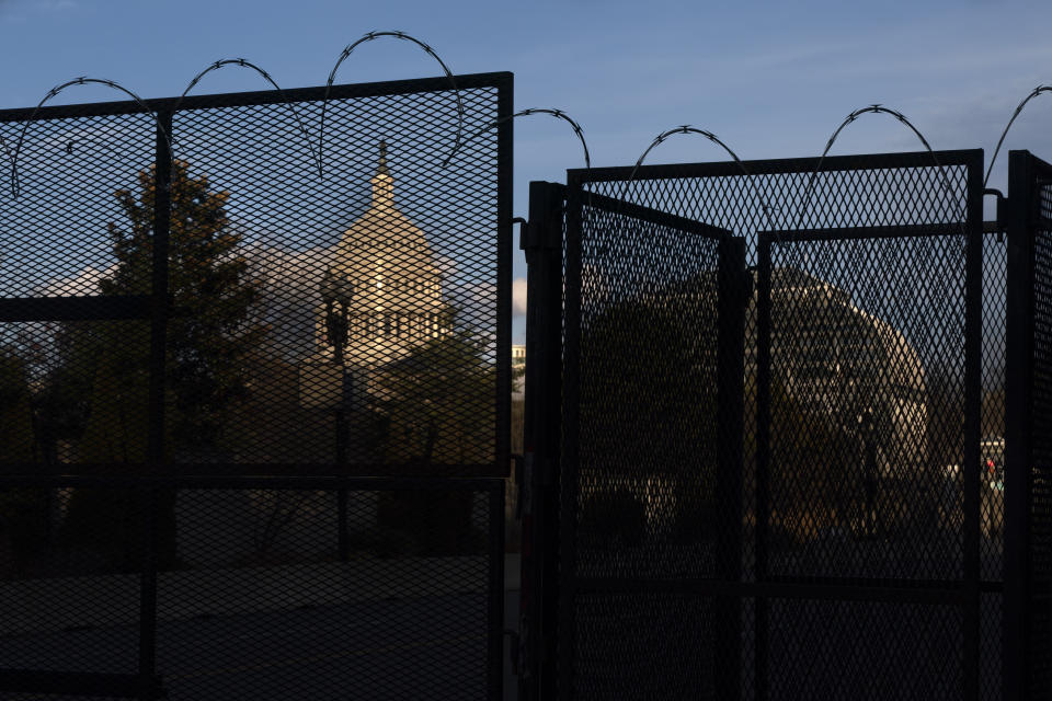 A section of fencing with razor wire blocking the Capitol grounds, Monday, March 1, 2021, is seen in Washington. (AP Photo/Jacquelyn Martin)